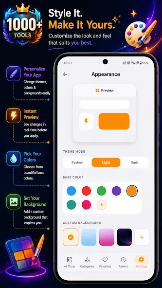 1000+ Tools app — settings and theme